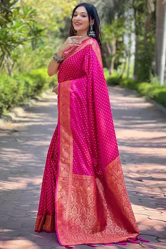 pink silk blend banarasi saree with unstitched blouse piece