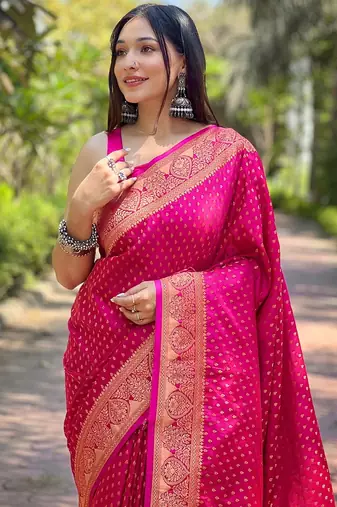pink silk blend banarasi saree with unstitched blouse piece