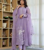Women's chanderi silk sequin embroidered purple kurta pant set with chanderi dupatta