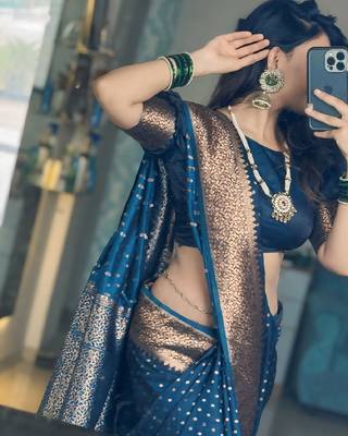 Mor[pich silk blend banarasi saree with unstitched blouse piece 5