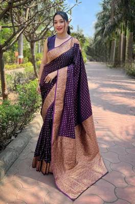Purple silk blend banarasi saree with unstitched blouse piece 1