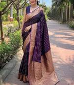 Purple silk blend banarasi saree with unstitched blouse piece