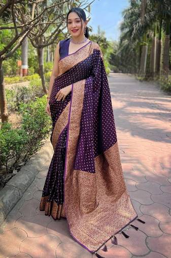 Purple soft silk blend banarasi jacuard work designer party wear saree with unstitched blouse piece