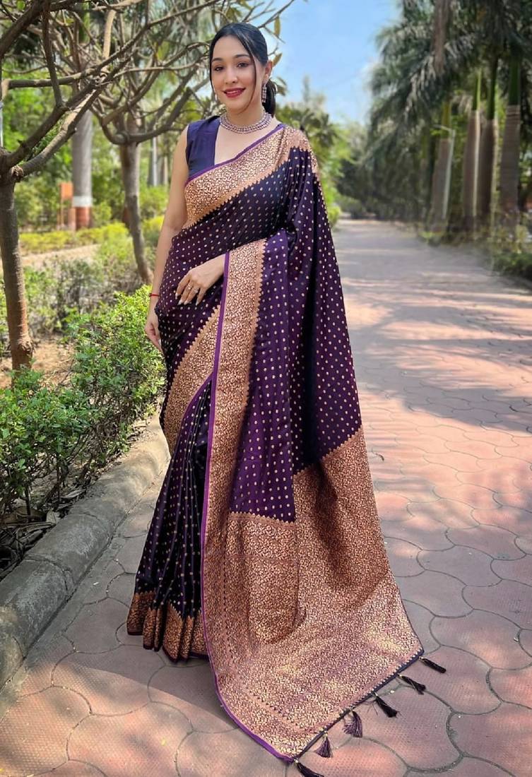 Purple soft silk blend banarasi jacuard work designer party wear saree with unstitched blouse piece