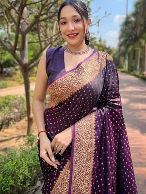 Purple silk blend banarasi saree with unstitched blouse piece 3