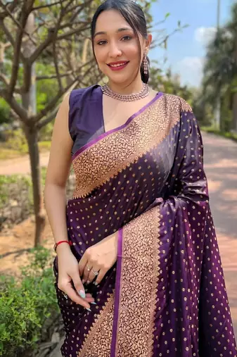 Purple silk blend banarasi saree with unstitched blouse piece
