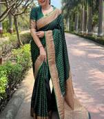 Green silk blend banarasi saree with unstitched blouse piece