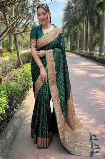 Green soft silk blend banarasi jacuard work designer party wear saree with unstitched blouse piece