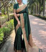 Green soft silk blend banarasi jacuard work designer party wear saree with unstitched blouse piece