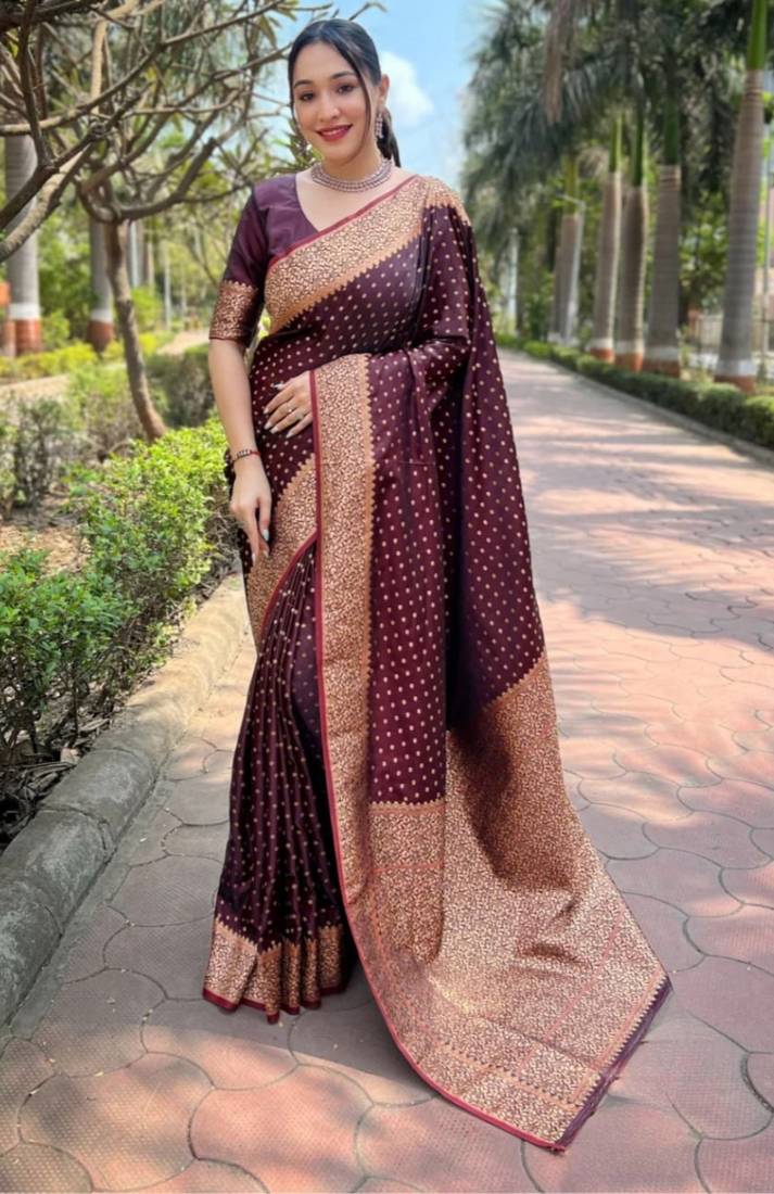 Maroon soft silk blend banarasi jacuard work designer party wear saree with unstitched blouse piece