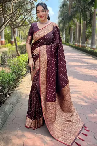 Maroon soft silk blend banarasi jacuard work designer party wear saree with unstitched blouse piece
