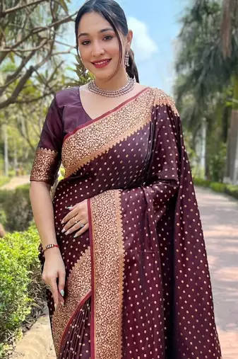 Maroon soft silk blend banarasi jacuard work designer party wear saree with unstitched blouse piece