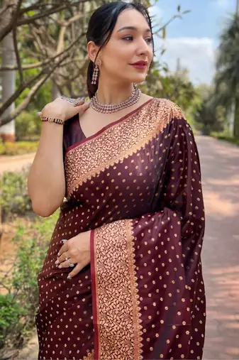 Maroon soft silk blend banarasi jacuard work designer party wear saree with unstitched blouse piece