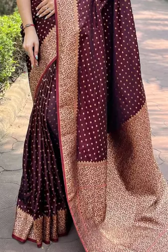 Maroon soft silk blend banarasi jacuard work designer party wear saree with unstitched blouse piece