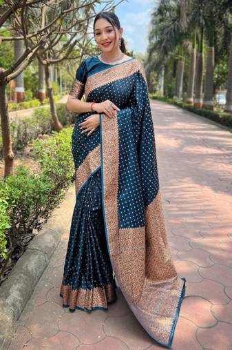 Morpich soft silk blend banarasi jacuard work designer party wear saree with unstitched blouse piece