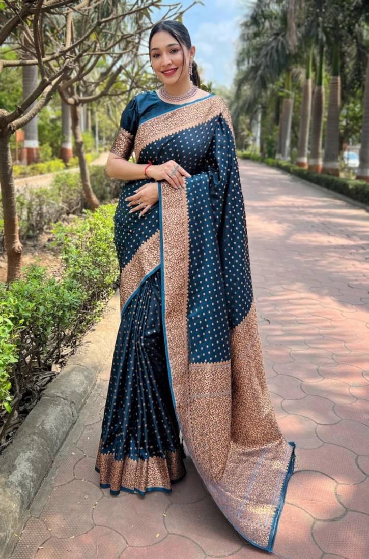 Morpich soft silk blend banarasi jacuard work designer party wear saree with unstitched blouse piece