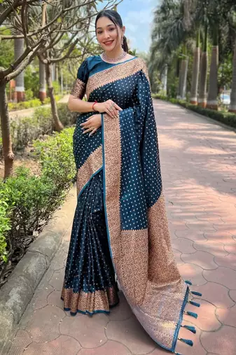 Morpich soft silk blend banarasi jacuard work designer party wear saree with unstitched blouse piece