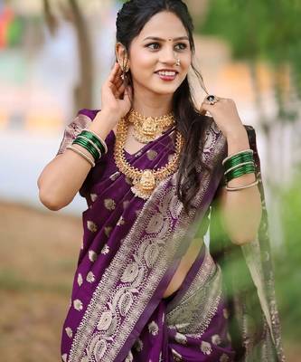Purple silk blend banarasi saree with unstitched blouse piece 1