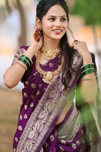 Purple soft silk blend banarasi jacuard work designer party wear saree with unstitched blouse piece