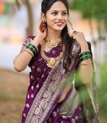 Purple soft silk blend banarasi jacuard work designer party wear saree with unstitched blouse piece