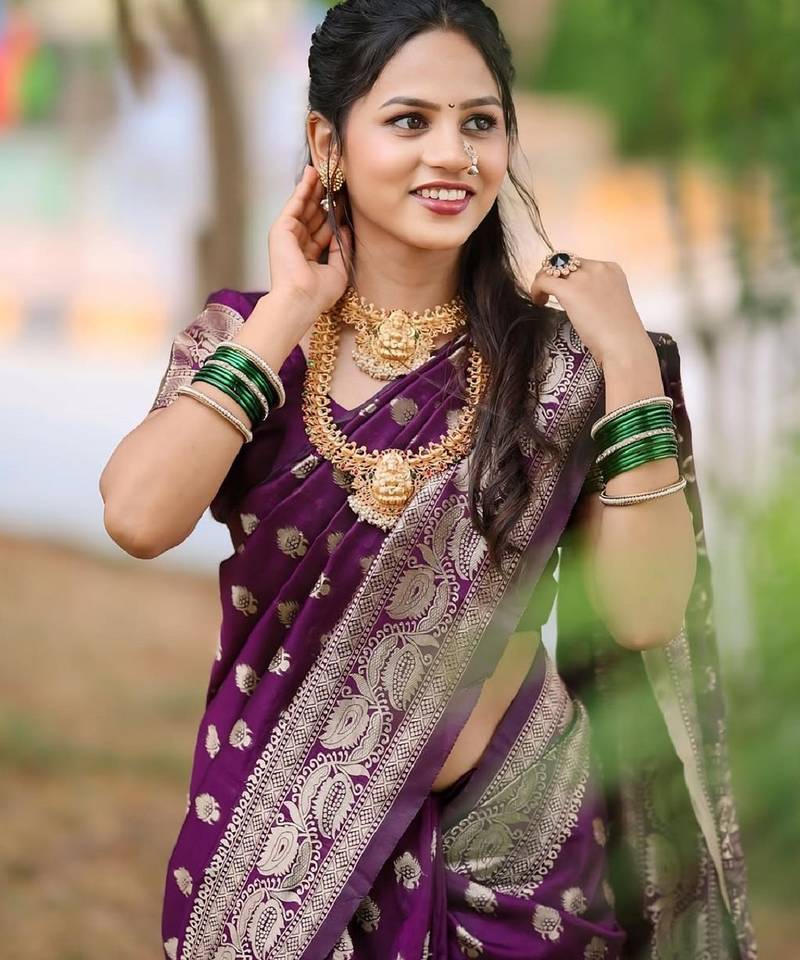 Purple soft silk blend banarasi jacuard work designer party wear saree with unstitched blouse piece