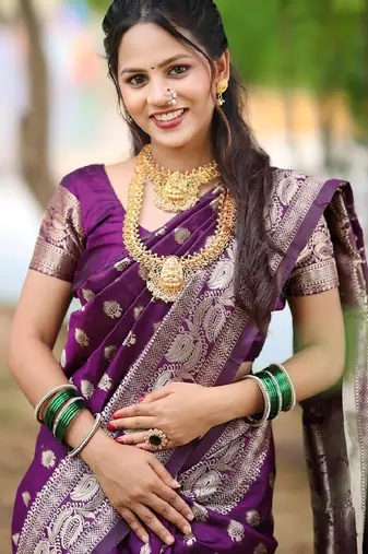 Purple silk blend banarasi saree with unstitched blouse piece