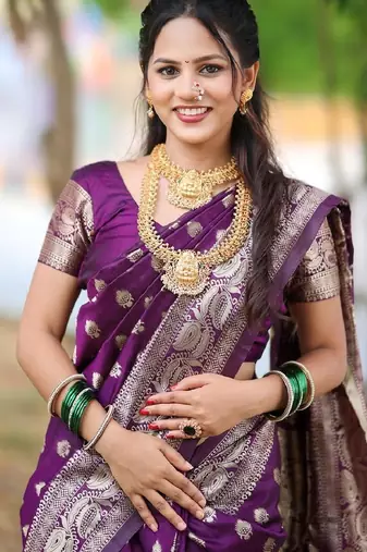 Purple silk blend banarasi saree with unstitched blouse piece