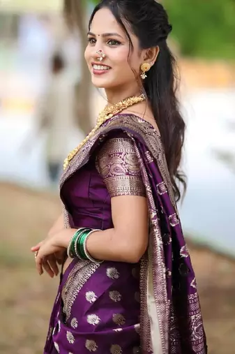 Purple silk blend banarasi saree with unstitched blouse piece