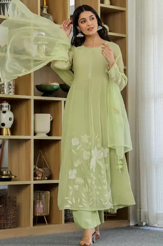Women's chanderi silk sequin embroidered olive green kurta pant set with chanderi dupatta