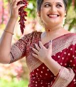 Maroon soft silk blend banarasi jacuard work designer party wear saree with unstitched blouse piece