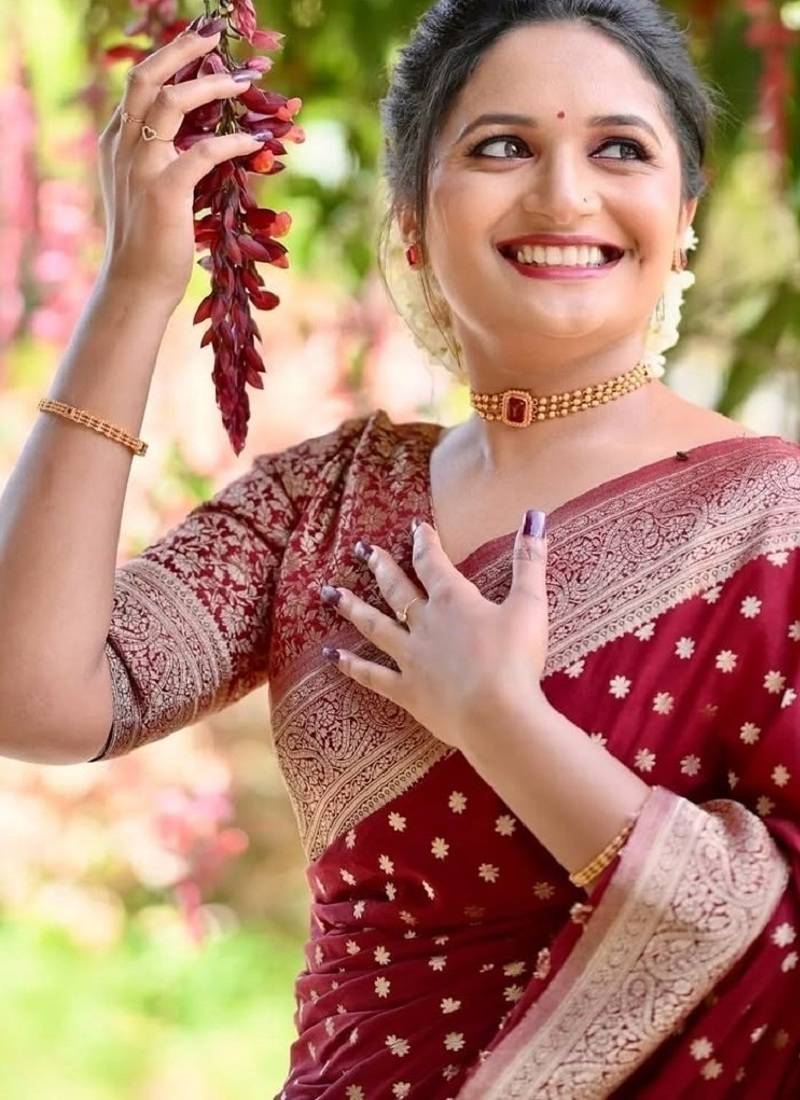 Maroon soft silk blend banarasi jacuard work designer party wear saree with unstitched blouse piece