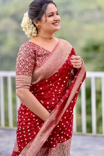 Maroon silk blend banarasi saree with unstitched blouse piece