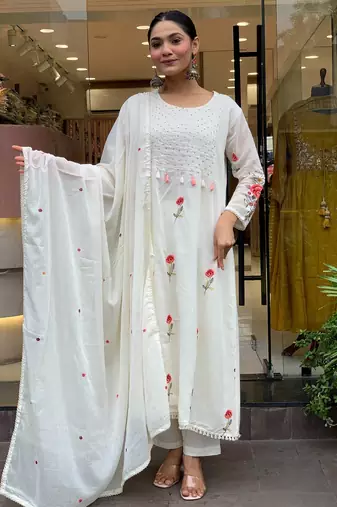 Women's chanderi silk sequin embroidered white kurta pant set with chanderi silk dupatta