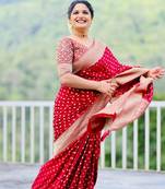 Maroon silk blend banarasi saree with unstitched blouse piece