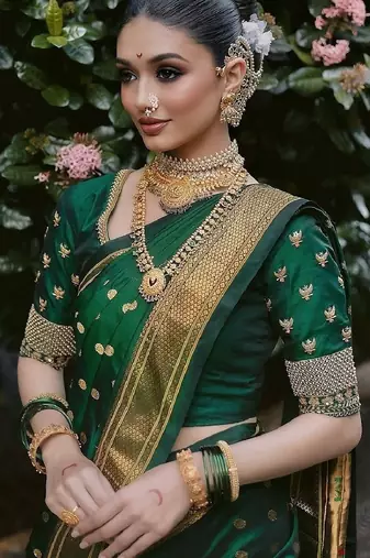 Green soft silk blend banarasi jacuard work designer party wear saree with unstitched blouse piece