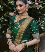 Green soft silk blend banarasi jacuard work designer party wear saree with unstitched blouse piece