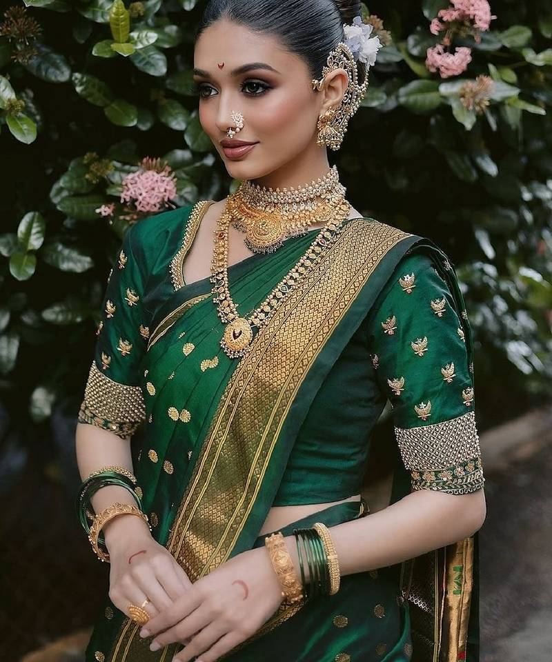 Green soft silk blend banarasi jacuard work designer party wear saree with unstitched blouse piece