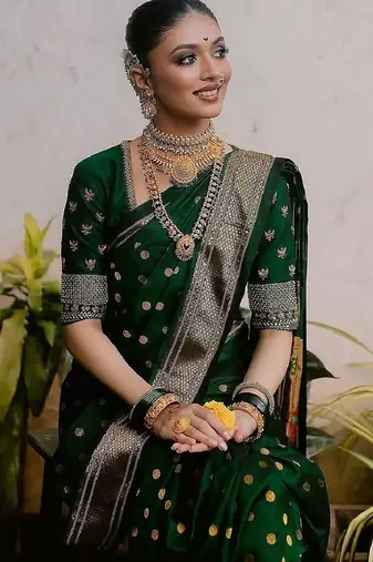 Green silk blend banarasi saree with unstitched blouse piece