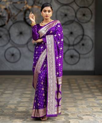 Purple silk blend banarasi saree with unstitched blouse piece 1