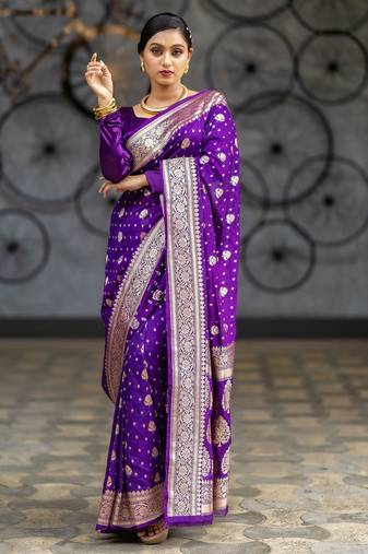Purple soft silk blend banarasi jacuard work designer party wear saree with unstitched blouse piece