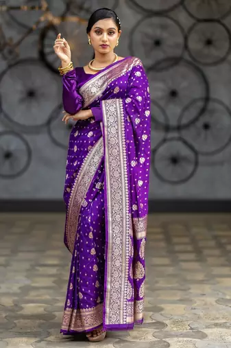 Purple soft silk blend banarasi jacuard work designer party wear saree with unstitched blouse piece