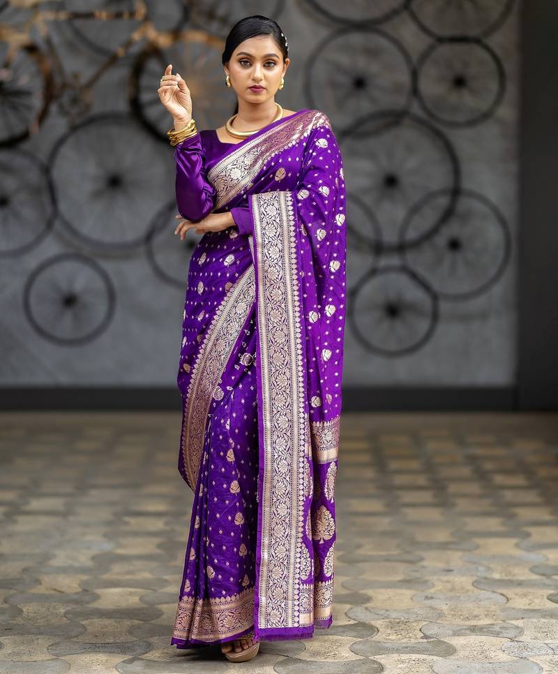 Purple soft silk blend banarasi jacuard work designer party wear saree with unstitched blouse piece