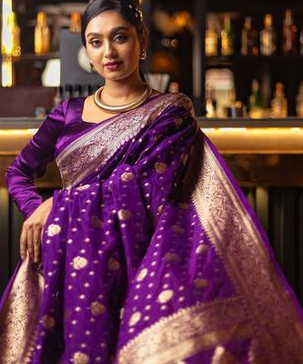 Purple silk blend banarasi saree with unstitched blouse piece 2