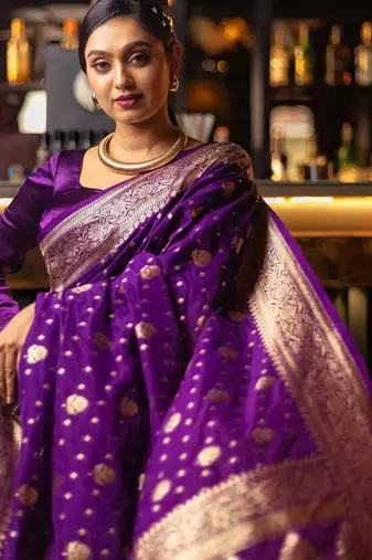 Purple silk blend banarasi saree with unstitched blouse piece
