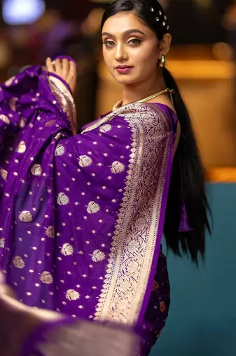 Purple silk blend banarasi saree with unstitched blouse piece
