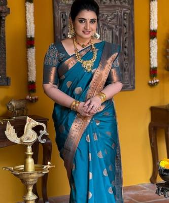 Rama silk blend banarasi saree with unstitched blouse piece 1