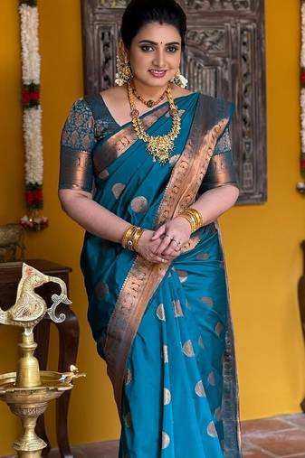 Rama soft silk blend banarasi jacuard work designer party wear saree with unstitched blouse piece