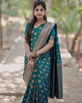 Rama silk blend banarasi saree with unstitched blouse piece 1