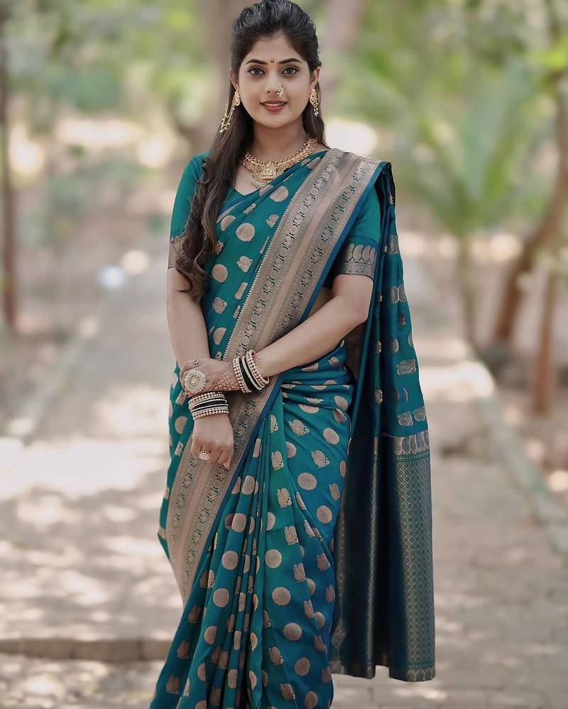 Rama soft silk blend banarasi jacuard work designer party wear saree with unstitched blouse piece