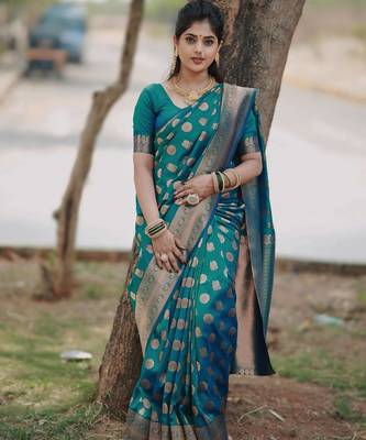 Rama silk blend banarasi saree with unstitched blouse piece 2